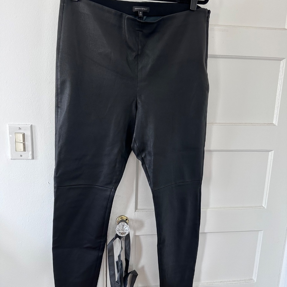 Banana Republic black leather leggings — real leather, side zip (button missing)
